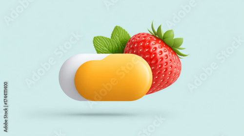 Minimalist 3D vibrant strawberry with abstract shapes in white and yellow, representing fresh fruit and sweet flavors