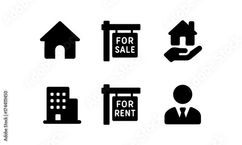Real estate icon set featuring home, sale, rent, and agent symbols