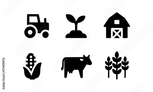 Farming icons: tractor, sprout, barn, corn, cow, wheat