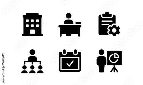Business icons set: office, management, planning, and presentations in silhouette style