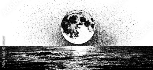 Detailed dotwork illustration of a moonlit ocean scene with rising moon