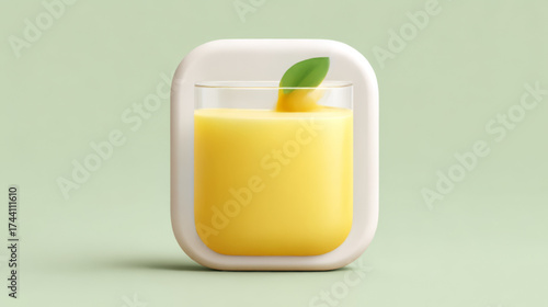 Minimalist 3D icon of orange juice with a green leaf in a glass, representing refreshing and natural beverages