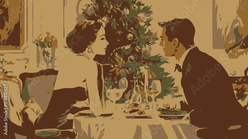 Elegant woman and man ona  date  in a restaurant during christmas season