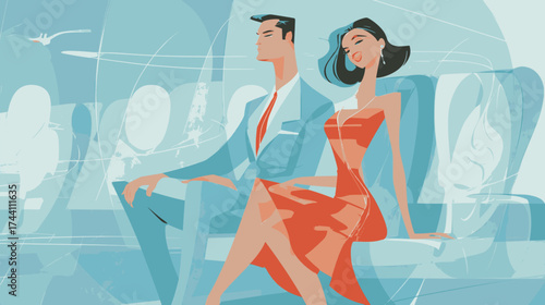 Elegant man and woman in an airplane , cartoon caricature style