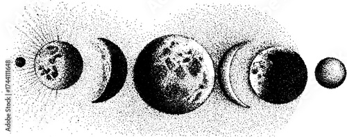 Detailed dotwork stippling illustration of moon phases for educational and decorative design