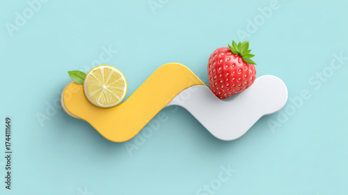 Minimalist 3D composition of lemon slice and strawberry on a yellow and white wave, representing fresh and balanced nutrition