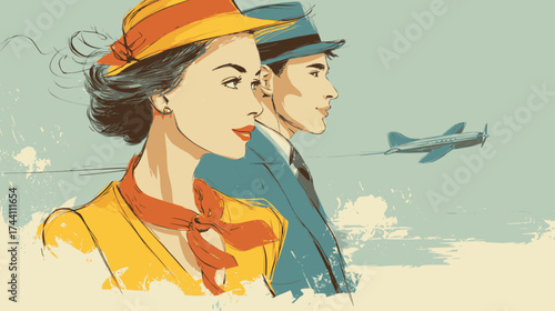 Oldschool dressed couple travelling
