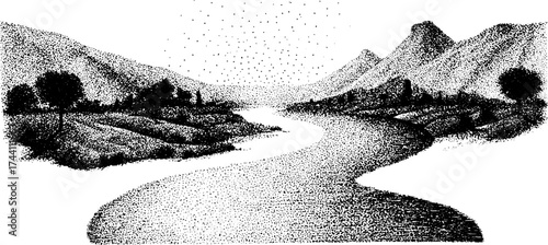 Serene landscape of the nile river in detailed dotwork stipple illustration