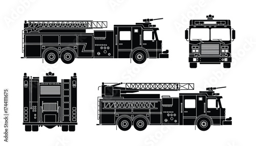 Fire Truck Silhouette Set, side, front, top, and back views