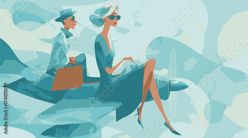 Artistic vector of a couple travelling on a plane. caricature style