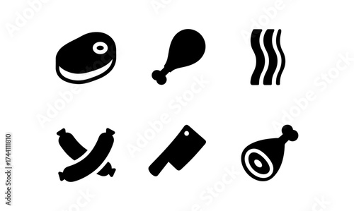 Meat icons: steak, bacon, sausage, cleaver, ham in black silhouette style