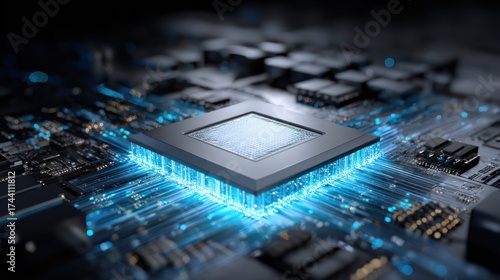 Close-up of a computer chip with glowing blue lines, circuitry, and integrated components