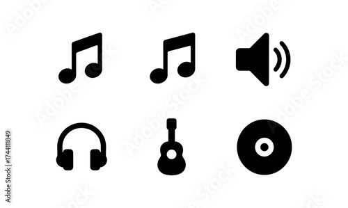 Minimalist music icon set featuring notes, headphones, guitar, and speakers