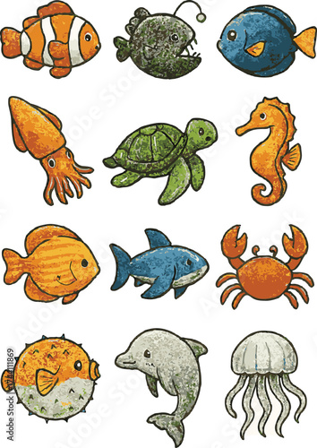 Funny cartoon animal set with cute sea and land creatures