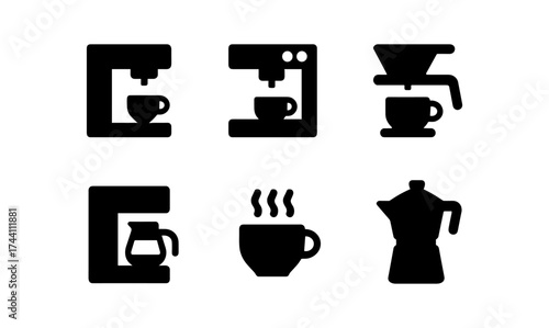 Collection of coffee maker and cup icons in silhouette style