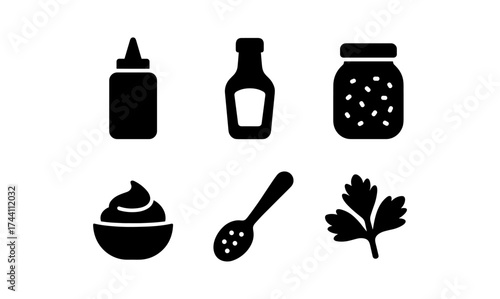 Flat icon set of condiments and herbs for kitchen and cooking