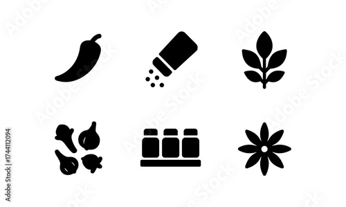 Minimalist spice icons: herbs, peppers, seasonings in simple black silhouettes