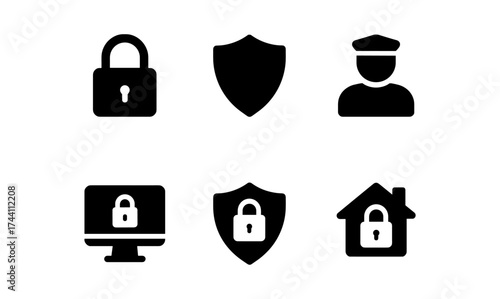 Simple security icons set featuring lock, shield, and guard silhouettes