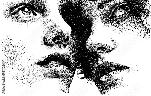 Artistic dotwork stipple illustration of merged faces for creative design
