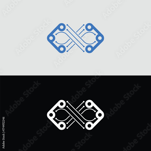 A captivating logo design featuring an infinity symbol intertwined with circuit board elements, symbolizing technological advancement and limitless possibilities isolated on white background