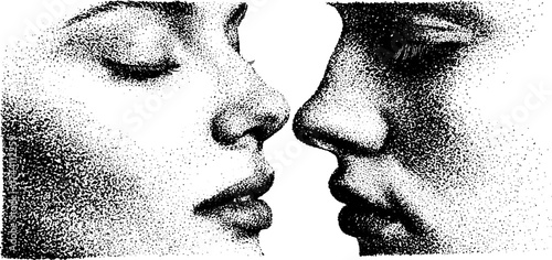 Artistic dotwork illustration of two merged faces in a detailed stipple style