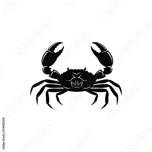 Black crab silhouette with raised claws on white background Keywords: crab, crustacean, seafood