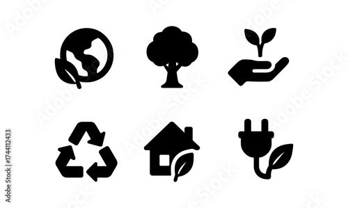Eco-friendly icon set featuring sustainable energy and recycling symbols