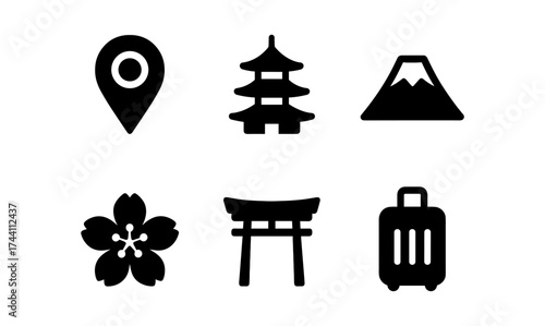 Icon set featuring japanese symbols: pagoda, cherry blossom, torii gate, and more