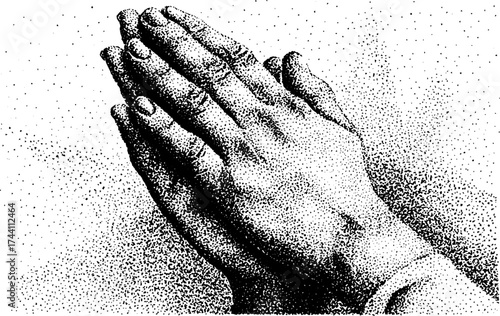 Intricate stipple artwork of praying hands with dotwork technique for spiritual design