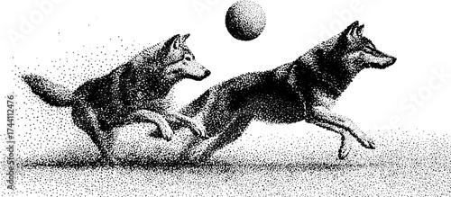 Dynamic wolf chase: vintage stipple dotwork illustration for posters and art prints