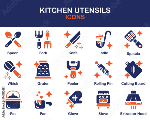 Kitchen Utensils icons collection. Containing  spoon, tool, kitchenware, utensil and more. Solid vector icons collection. Vector Illustration.