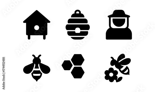 Simple silhouettes of beekeeping elements with bees and hives