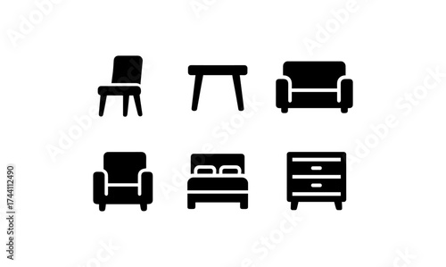 Minimalist furniture icons set featuring chairs, tables, armchairs, beds, and dressers