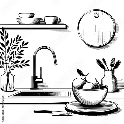 Kitchen scene with a sink, a bowl of oranges, and a vase. The bowl of oranges is placed on a plate, and the vase is filled with water and has a plant inside. The kitchen is clean and well-organized
