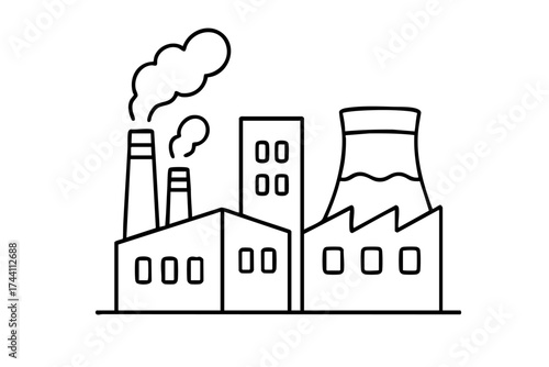 Black and white drawing of a city with a factory in the middle. The factory is emitting smoke, which is rising into the sky. The buildings in the background are tall and imposing