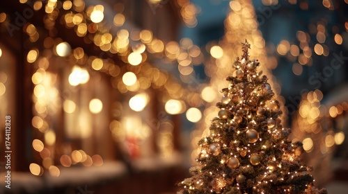 Fototapeta Naklejka Na Ścianę i Meble -  Christmas tree with lights on a street at night with the streets in the background with out-of-focus Christmas lights