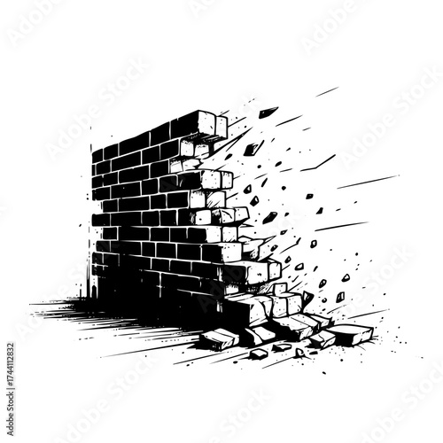 Wall has been destroyed by a bomb, leaving a pile of rubble. The image is black and white, giving it a somber and dramatic feel. The destruction of the wall represents the chaos