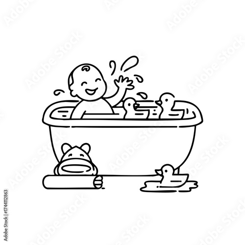 Baby is playing in a bathtub with ducks. The baby is smiling and splashing water