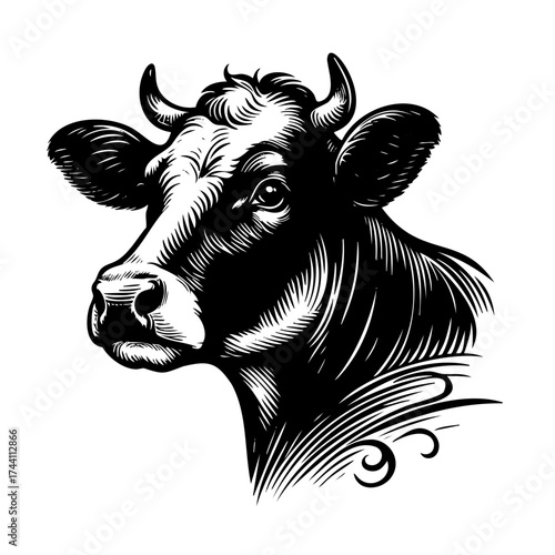 Cow with horns is shown in black and white. The cow has a very serious expression on its face