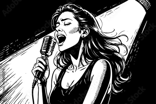 Woman singing into a microphone. The image is in black and white