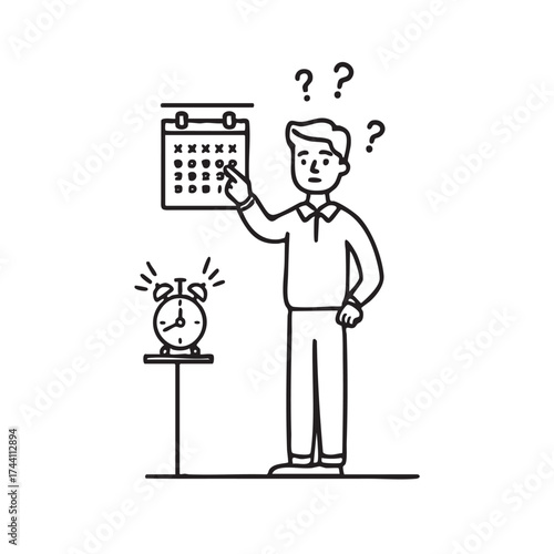 Man is standing in front of a clock and pointing at it. He looks confused and is trying to figure out the time