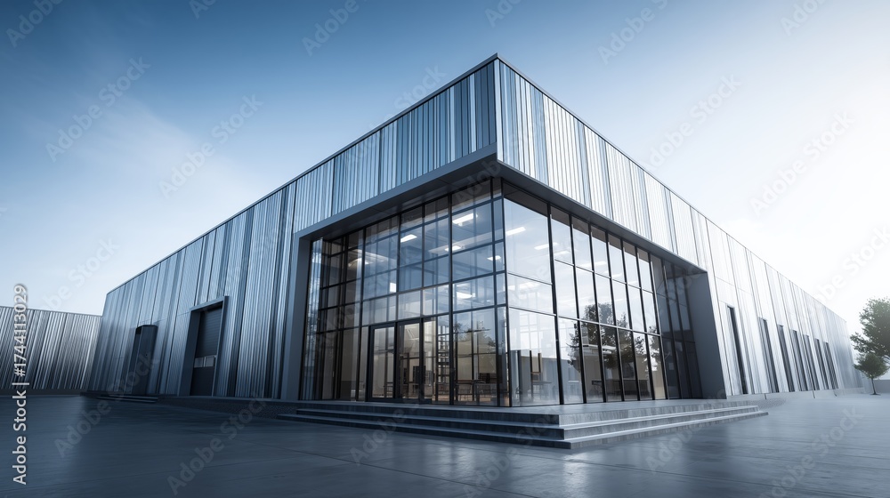 Fototapeta premium Modern industrial building with large glass windows and sleek metallic facade showcasing contemporary architecture