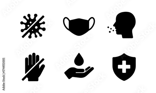 Health safety icons: mask, hygiene, protection symbols for public awareness