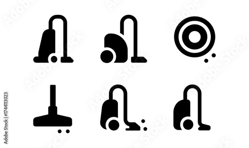 Minimalist black vacuum cleaner icons with dust particles