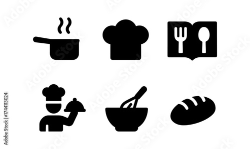 Culinary icons set: kitchen cooking and baking essentials in silhouette style