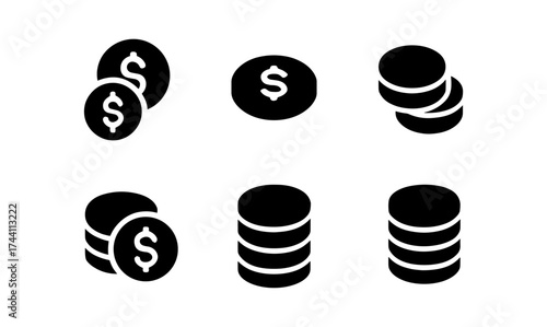 Minimalist coin icons set: money symbols in simple black style