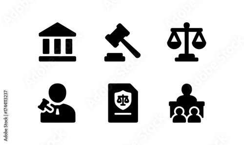 Legal and justice icon set: courthouse, gavel, scales, lawyer, document, courtroom