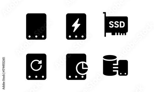 Minimalist device icons: ssd, data, and power symbols