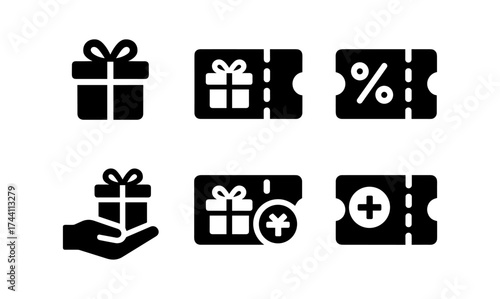 Gift and coupon icons set: black silhouette designs for discounts and rewards
