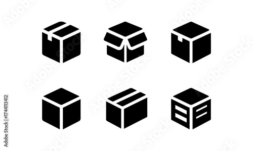 Minimalist package icons set: various box designs in silhouette style